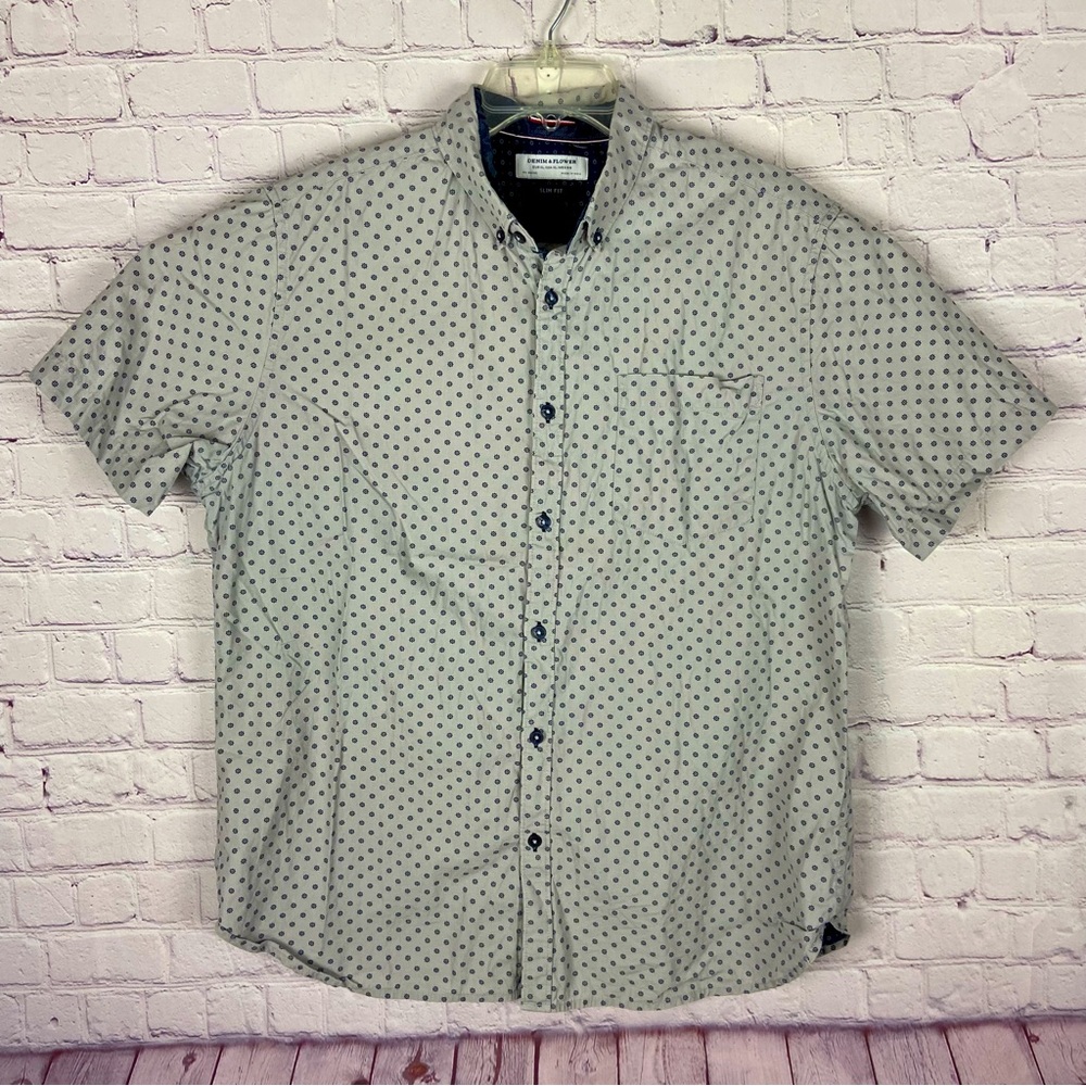 Denim & Flower Men's Light Gray/Blue Print Slim Fit Button Down ShIrt Sz: XL